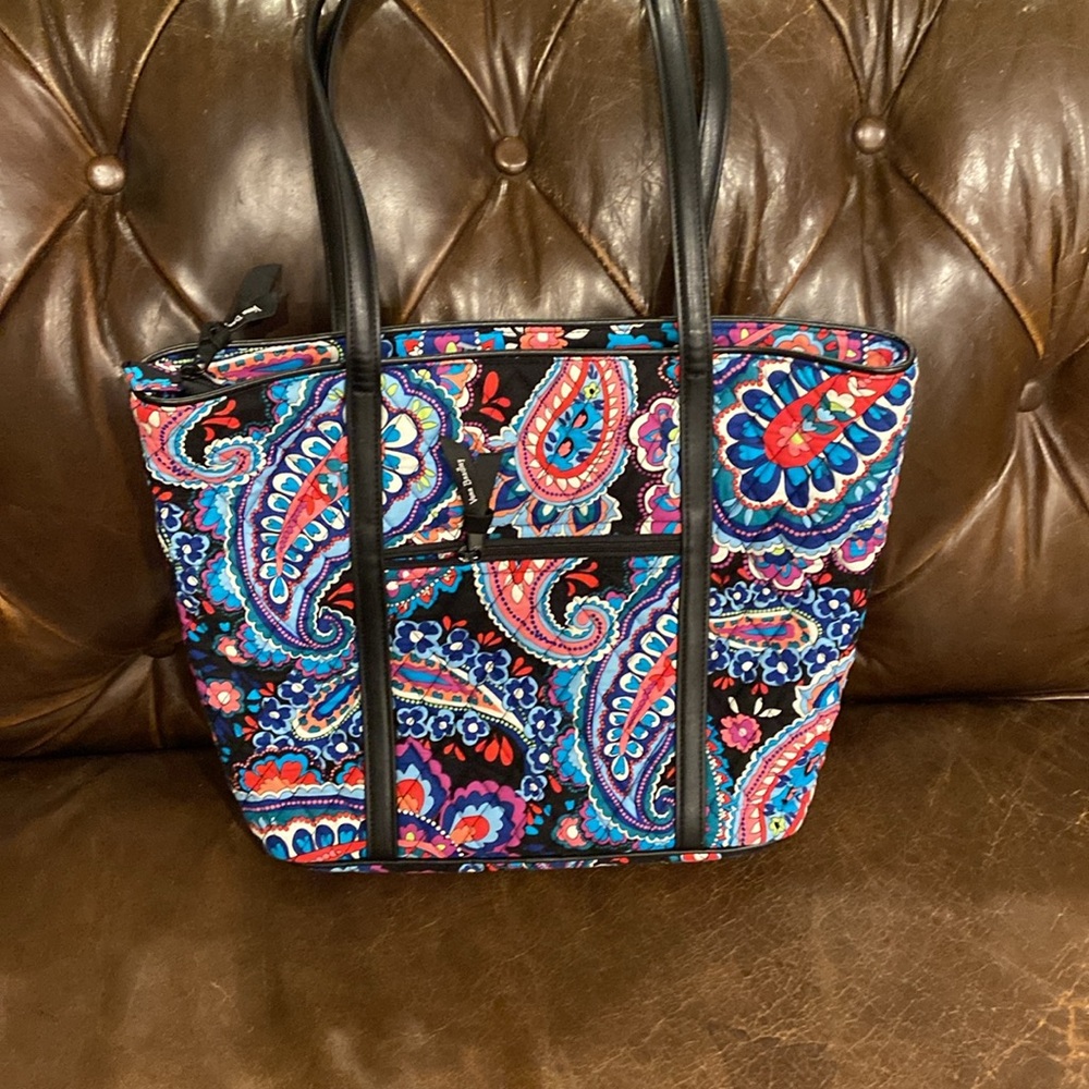 VERA BRADY FLORAL Parisian paisley TOTE WITH Blk LEATHER STRAPS 14in strap - Picture 9 of 12